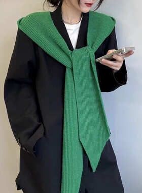 韩版连帽围巾一体针织披肩女外搭纯色百搭搭配大衣假领子毛线围脖
