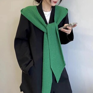 韩版连帽围巾一体针织披肩女外搭纯色百搭搭配大衣假领子毛线围脖