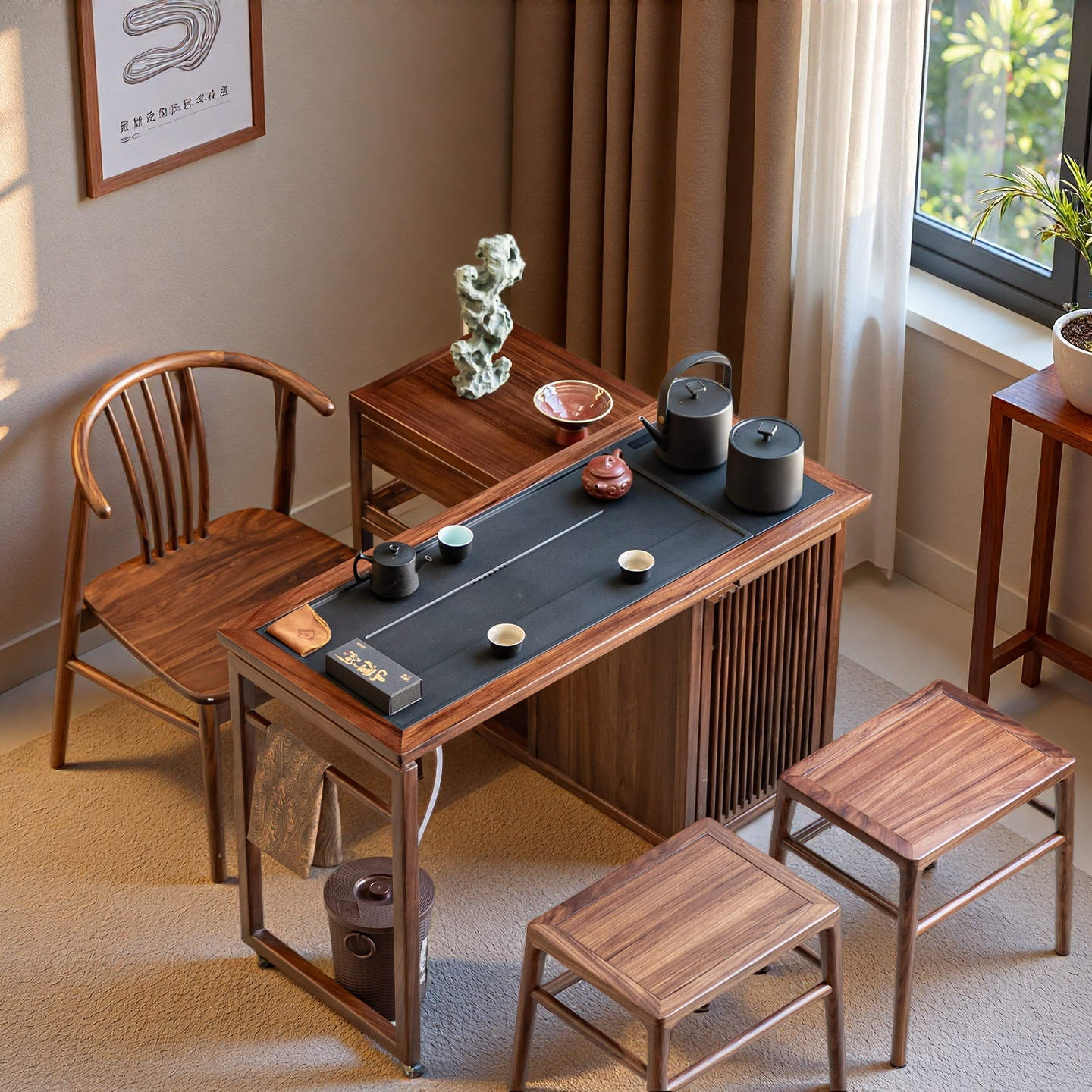 乌金木可360度旋转阳台实木茶桌