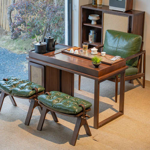 实木家用茶桌椅搭配马鞍凳组合