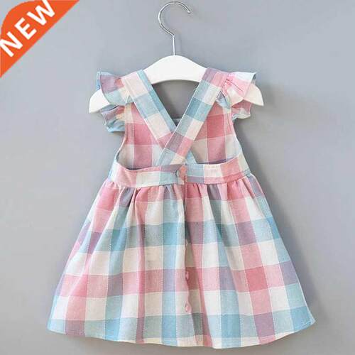 2022 New Summer Girls' Dress Korean Strap Plaid Casual Sleev