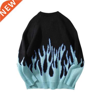 Sweater Men Streetwear Retro Flame Pattern Hip Hop Autumn Ne
