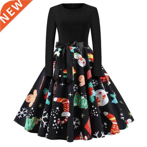 Christmas dress retro print long sleeve party skirt 圣诞长裙