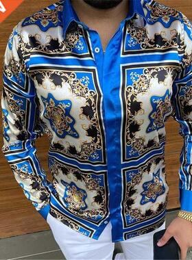 New Luxury Gold Blue Shirt Men Slim Fit Long Sleeve Red Chem