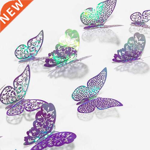 12Pcs 3D Butterflies Wall Stickers Hollow Purple Blue Butter