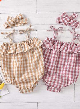 Baby Girls Romper Sleeveless Plaid Pattern Sling Straps Lotu