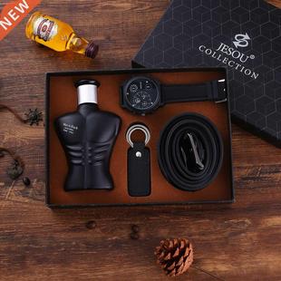 Gift set men large dial quartz watch waist belt perfume 4pcs