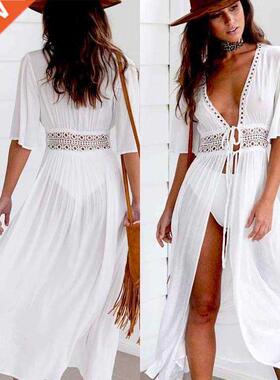 S-XL Plus Size Women Beach Dress Solid Black White Lace Bea