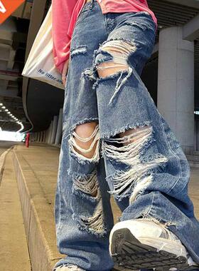 Spring And Autumn women's ripped jeans high waist loose stra