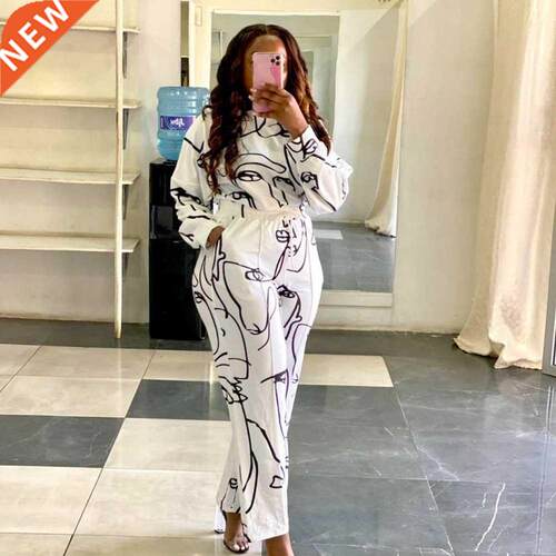 2021 New Arrival Famous Brand 2 pcs Women Set Print O-neck L