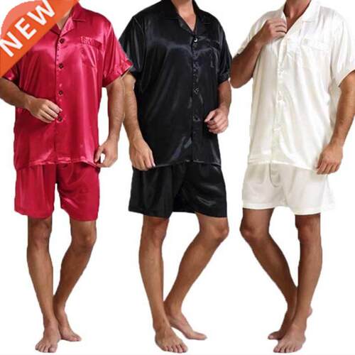 Men Fahion Summer 2Pcs Pajamas Suits Sets Satin Silk Short S