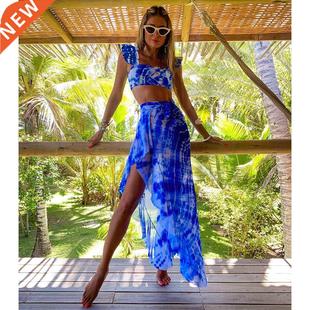 2022 New Bikini Beach Skirt Tunics for Beach Blue Print Biki