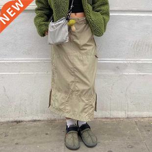 WeiYao Khaki Casual Long Cargo Skirts Women Stitching Vintag