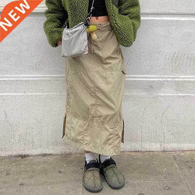 WeiYao Khaki Casual Long Cargo Skirts Women Stitching Vintag