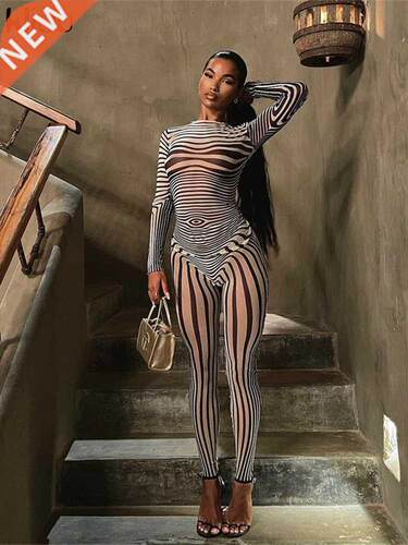 Kliou Mesh Striped Two Piece Set Women Sheath Body-Shaping H