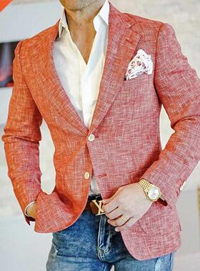 Fashion Men Blazer Slim Pink Notched Lapel Long Sleeve Singl
