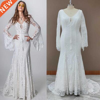 Hippie Beach Boho Wedding Dress V Neck Long Bell Sleeve 2021