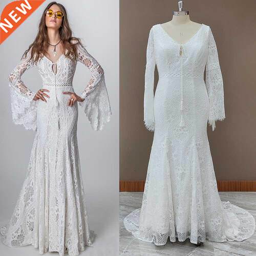 Hippie Beach Boho Wedding Dress V Neck Long Bell Sleeve 2021