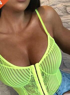 OMSJ Newest Women Neon Green Orange Stripe Lace Bodysuit One