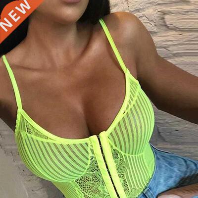 OMSJ Newest Women Neon Green Orange Stripe Lace Bodysuit One