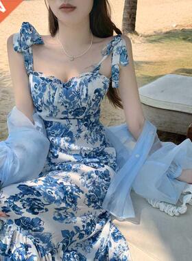 French retro florl squre collr long dress new wist slim