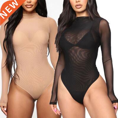 Hirigin New Women Long Sleeve Sheer Bodysuit Bodycon Romper