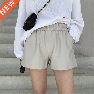 Khaki PU Leather Shorts Women High Quality Wide Leg Faux Lea