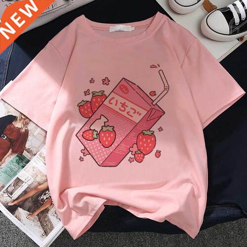 Japan Strawberry Juice Graphic Print T-shirt Women New Summ