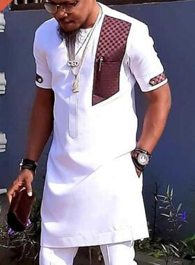 Dashiki T-shirt Men's Summer and Autumn Round Neck Stitching