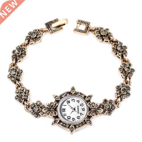 Women Bracelet Watches Fashion Vintage Rhinestone Flower Cha