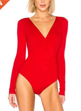 Magiray Women Bodysuit Thong Surplice Ruched Deep-V Neck Lon