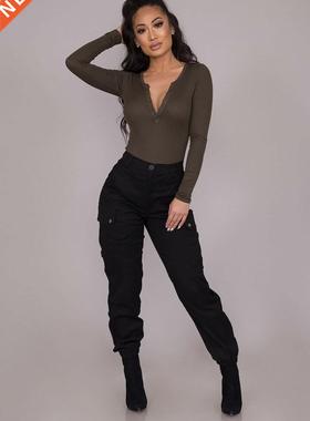 Fashon Slm Black Women's Cargo Pants 时尚修身女黑色工装裤
