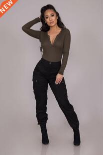 Fashon Slm Black Women's Cargo Pants 时尚修身女黑色工装裤