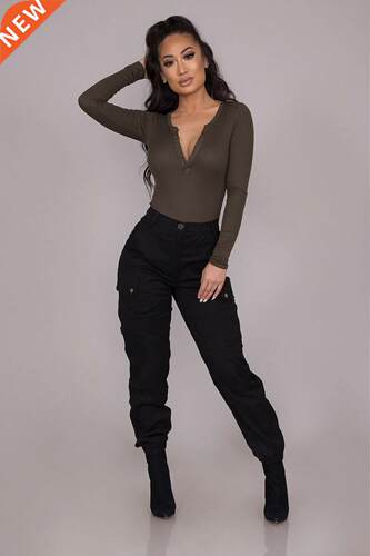 Fashon Slm Black Women's Cargo Pants 时尚修身女黑色工装裤