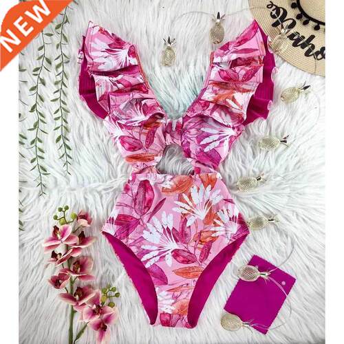 2022 New Print Swimwear Deep V-neck Ruffle Swimsuit Push Up