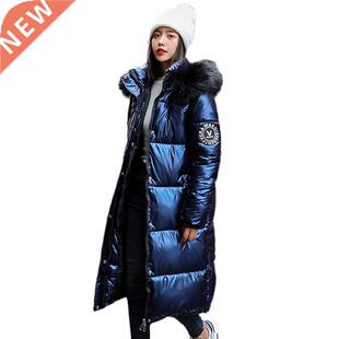 women X-long oversize blue down jackets thick casual with fu