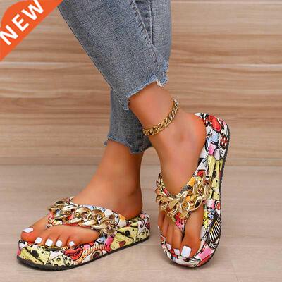 Women Summer Corful Graffiti Newest Fashion Chain Flip-flo