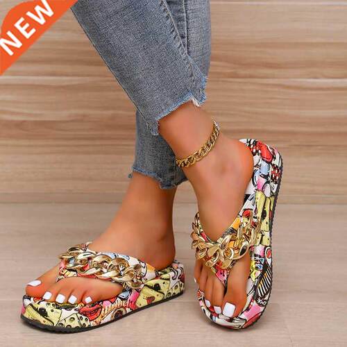 Women Summer Corful Graffiti Newest Fashion Chain Flip-flo