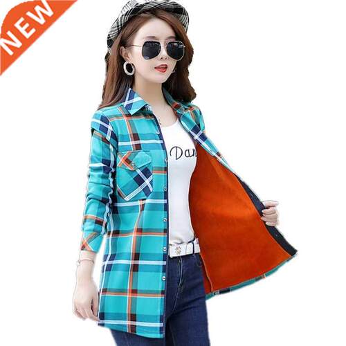 New Women Velvet Thick Warm Long Plaid Shirts Female Long Sl