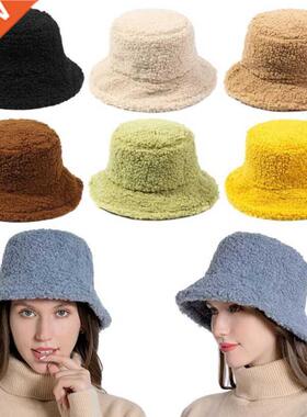 2021 Solid Color Lamb Faux Fur Bucket Hat Winter Warm Teddy