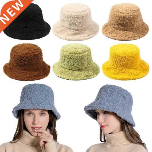 2021 Solid Color Lamb Faux Fur Bucket Hat Winter Warm Teddy