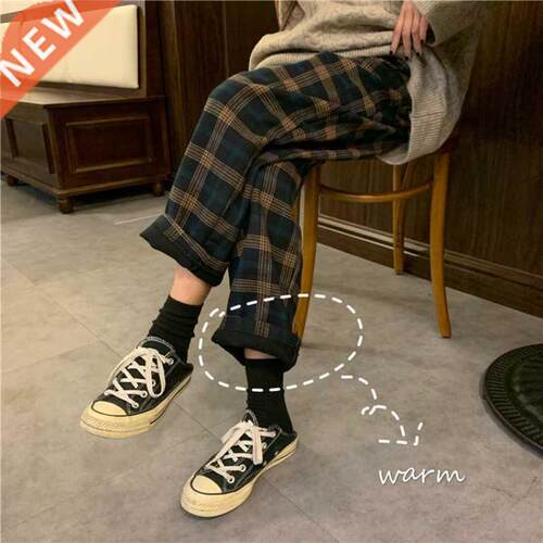 Fashion Autumn Winter Fleece Plaid Pants Women Thick Trouser