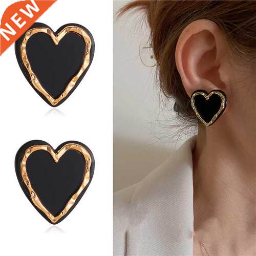 Enamel Heart Stud Earrings for Women Black Color Love Couple