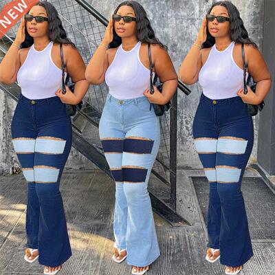 S-xl Stretch High Waist Fringe Flared jeans大码胖MM牛仔裤