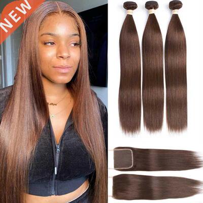 Light Brown Straight Bundles With Closure Brazilian Hair Wea