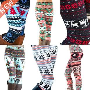 Christmas Print Leggings Women Slim Fit Elastic Pants Elk Sn