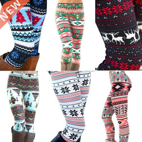 Christmas Print Leggings Women Slim Fit Elastic Pants Elk Sn