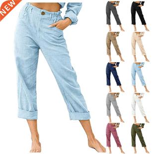 Womens Cotton Linen Pants Drawstring Back Elastic Waist Pant