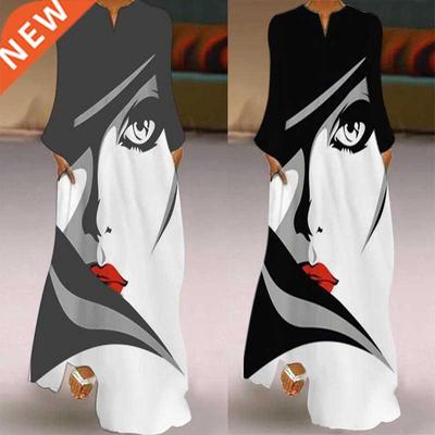 Women Fashion Long Sleeve Print Dress White-Black-Grey A-Lin