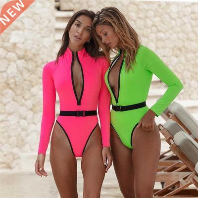 Long Sleeve Rash Guard Women Solid One Piece Swimsuit Fluore
